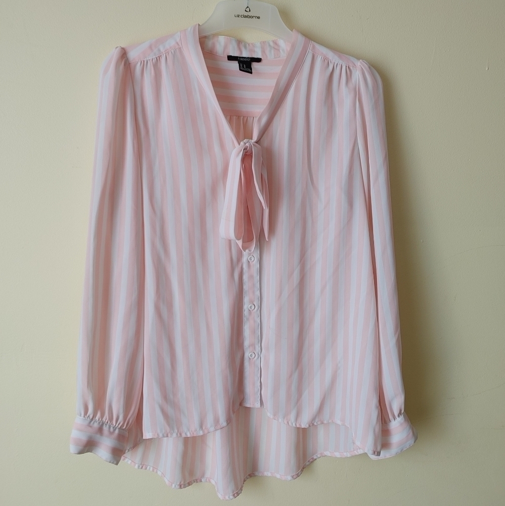 Forever 21 long sleeve blouse pink/white straps size M‎
